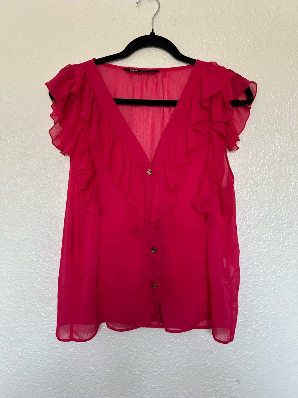 Zara Fuchsia Ruffled V-Neck Sheer Blouse